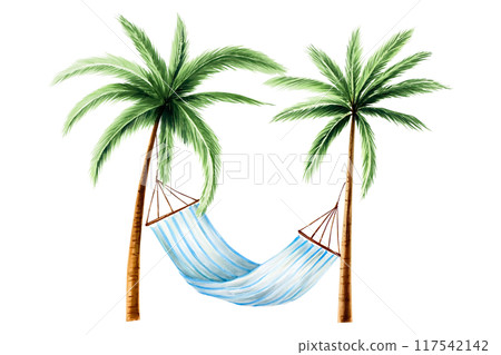 Striped hanging hammock with Green palm trees. Lazy summer clipart. Watercolor hand drawn floral jungle illustration isolated on background. For designers, postcards, greetings, birthday, calendar 117542142