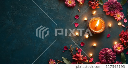 Colorful banner with traditional oil lamps and flowers 117542193