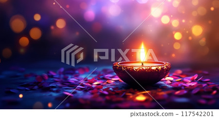 Colorful bokeh banner with traditional oil lamps and flowers 117542201