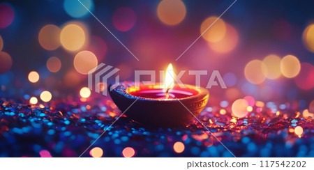 Colorful bokeh banner with traditional oil lamps and flowers Colorful bokeh banner with traditional oil lamps and flowers 117542202
