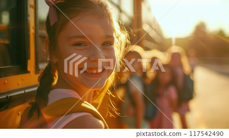 A schoolgirl girl looks out of a school bus on a sunny day. 117542490