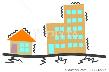 Illustration of a major earthquake in which houses and buildings shake and collapse 117542704