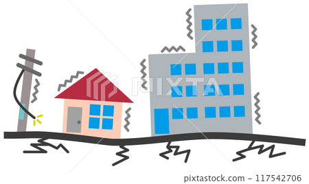 Illustration of a major earthquake in which houses and buildings shake and collapse Illustration of a major earthquake in which houses and buildings shake and collapse 117542706
