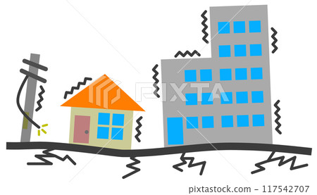 Illustration of a major earthquake in which houses and buildings shake and collapse 117542707