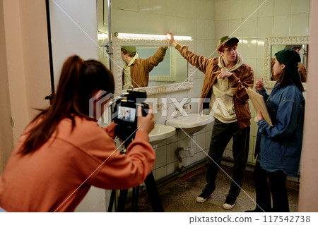 Capturing Moments in Bathroom Scene during Filming Session Capturing Moments in Bathroom Scene during Filming Session 117542738