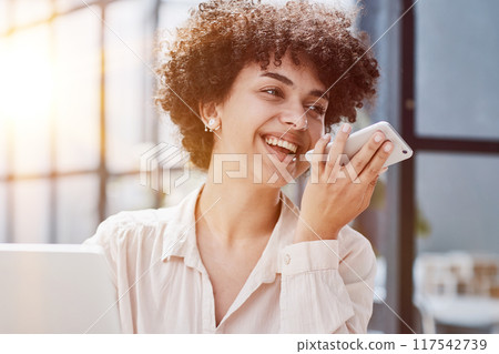 woman in the office uses the phone at the workplace at the computer woman in the office uses the phone at the workplace at the computer 117542739