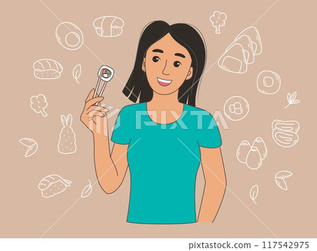 Asian woman holding sushi with chopsticks 117542975