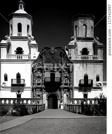 San Xavier Mission Tucson Arizona On monochrome Film San Xavier Mission Tucson Arizona On monochrome Film 117542997