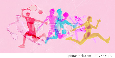 Collage. Colorful silhouettes of professional sportsmen in motion overlaid on each other again pastel pink background. Collage. Colorful silhouettes of professional sportsmen in motion overlaid on each other again pastel pink background. 117543009