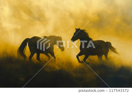 Equestrian Harmony: A Duo of Majestic Horses Amidst Golden Fields Equestrian Harmony: A Duo of Majestic Horses Amidst Golden Fields 117543372