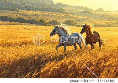 Golden Hues Galore: Illuminated Equine Beauty in Flowing Fields Golden Hues Galore: Illuminated Equine Beauty in Flowing Fields 117543468