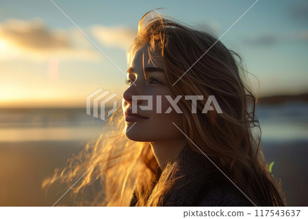 Graceful Nordic Girl Embracing the Coastal Breeze Graceful Nordic Girl Embracing the Coastal Breeze 117543637