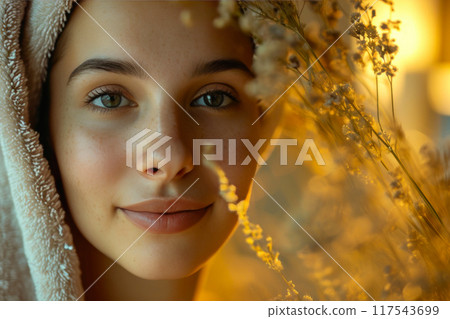 Radiant Beauty: Spa Woman in Soft Afternoon Glow Radiant Beauty: Spa Woman in Soft Afternoon Glow 117543699