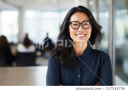 Semi-Formal Grace: Smiling 40-Year-Old Asian Psychologist in Office Setting 117543756