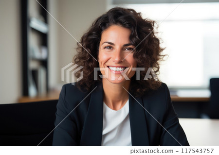 Friendly Arab Psychologist with Long Wavy Black Hair in Office Setting 117543757
