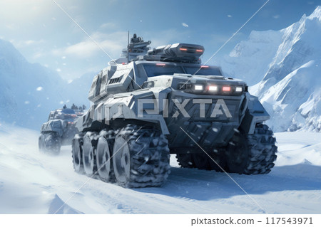 Sunny Day Drive: Futuristic Military Fleet on Snowfields Sunny Day Drive: Futuristic Military Fleet on Snowfields 117543971