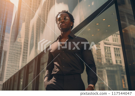 Stylish Urban Stroll: Young Black Man in Midtown Manhattan Stylish Urban Stroll: Young Black Man in Midtown Manhattan 117544047