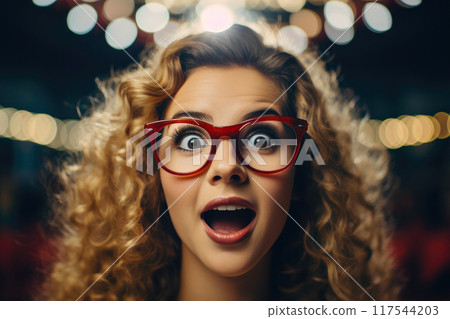 Thrilled Cinema-Goer: Delightful Expression of Wonder and Joy Thrilled Cinema-Goer: Delightful Expression of Wonder and Joy 117544203