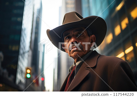 Nostalgic Charm: Black-Haired Man in Midtown NYC 117544220