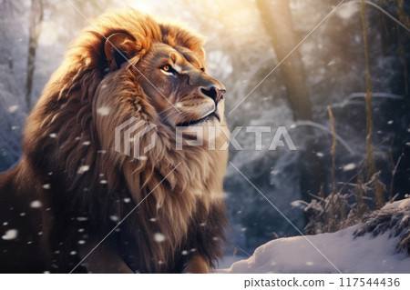 Snowflakes and Sovereignty: Lion in Snow Snowflakes and Sovereignty: Lion in Snow 117544436
