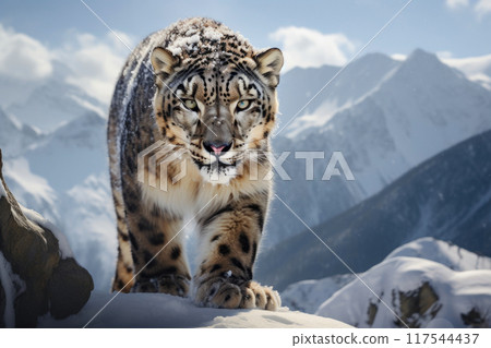 Snow Leopard Hunting Amidst Snowy Peaks Snow Leopard Hunting Amidst Snowy Peaks 117544437