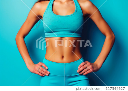 Sculpted Confidence: Fitness Portrait on Blue Sculpted Confidence: Fitness Portrait on Blue 117544627