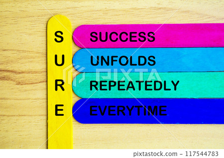 Sure represent Success Unfolds Repeatedly everytime text on multicolored sticks. Growth concept. 117544783