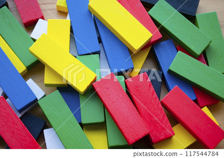 Top view of multicolored wooden blocks. Top view of multicolored wooden blocks. 117544784