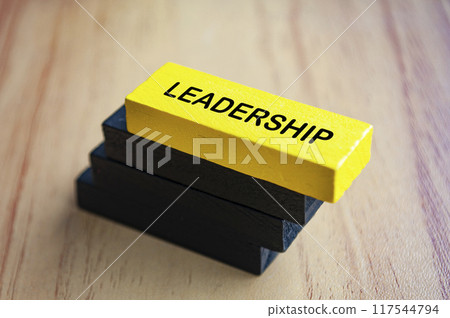 Leadership text on yellow wooden block stacked on black wooden blocks. Leadership concept. 117544794