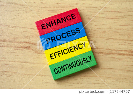 Top view of Enhance Process Efficiency Continuously text on multicolored wooden blocks. Business improvement concept. 117544797