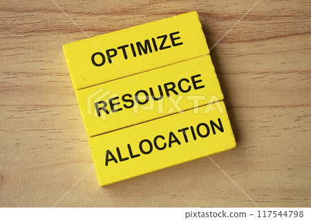 Top view of Optimize Resource Allocation text on yellow wooden blocks. Business improvement concept. 117544798