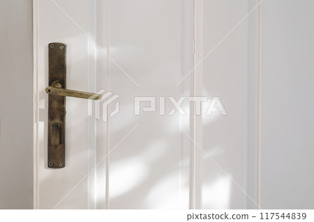 Closeup of antique brass metal door handle and lock. Old classic wooden door in sunlight. Dappled light, empty copy space. Interior architectural feature detail. Home banner. Closeup of antique brass metal door handle and lock. Old classic wooden door in sunlight. Dappled light, empty copy space. Interior architectural feature detail. Home banner. 117544839