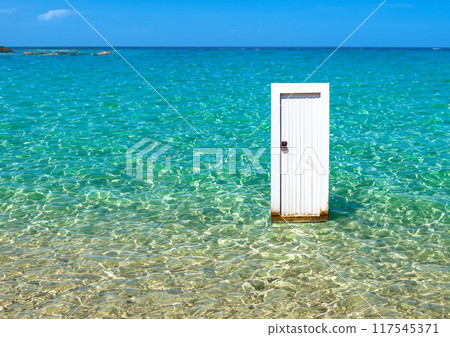 A white door in the emerald green sea 117545371
