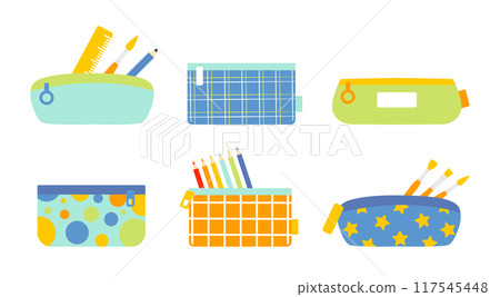 Cute colored school pencil cases set cartoon flat illustrations. Stationery, drawing supplies. Back to school. Isolated on white. Vector illustration Cute colored school pencil cases set cartoon flat illustrations. Stationery, drawing supplies. Back to school. Isolated on white. Vector illustration 117545448