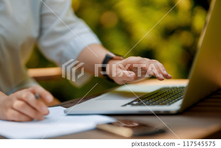 woman working on laptop in summer morning 117545575