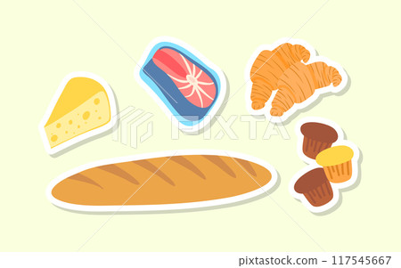 Cartoon Color Grocery Stuffs Stickers Set Nutrition Concept Flat Design Style Include of Cheese and Fish. Vector illustration Cartoon Color Grocery Stuffs Stickers Set Nutrition Concept Flat Design Style Include of Cheese and Fish. Vector illustration 117545667