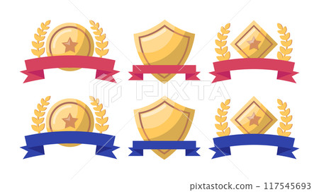 Cartoon Different Shapes Golden Awards with Laurel Wreaths Set Symbol of Win Competition. Vector illustration of Gold Shield, Rhomb and Star Cartoon Different Shapes Golden Awards with Laurel Wreaths Set Symbol of Win Competition. Vector illustration of Gold Shield, Rhomb and Star 117545693