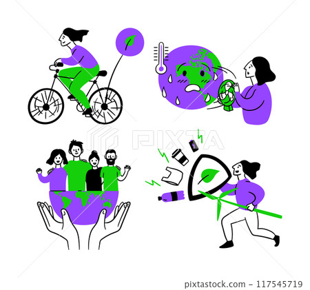 Cartoon Color Eco Friendly Lifestyle Protection Planet Concept Scenes Set. Vector illustration of Saving from Climate Change 117545719