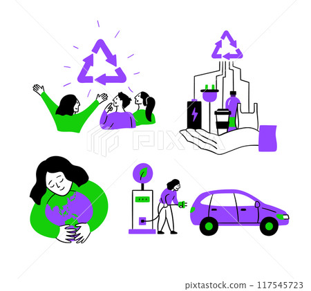 Cartoon Color Eco Friendly Lifestyle Concept Scenes Set. Vector illustration of Electric Car Usage and Green Electricity Energy 117545723