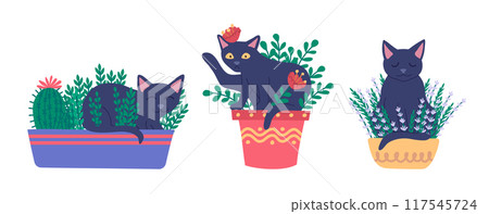 Cartoon Color Characters Cats in Pots and Plant Flowers Box Set Concept Flat Design Style. Vector illustration 117545724