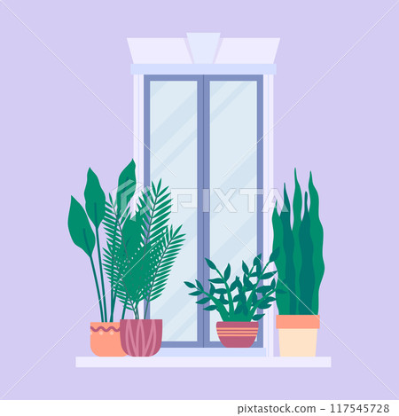 Cartoon Color Urban Architecture Window Frame with Plant in Flowerpot. Vector illustration of House Decorated with Plants Cartoon Color Urban Architecture Window Frame with Plant in Flowerpot. Vector illustration of House Decorated with Plants 117545728