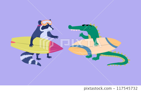 Cartoon Color Characters Animal Crocodile and Raccoon Surfers Set Summer Vacation Activity Surfboarding Concept Flat Design Style. Vector illustration Cartoon Color Characters Animal Crocodile and Raccoon Surfers Set Summer Vacation Activity Surfboarding Concept Flat Design Style. Vector illustration 117545732