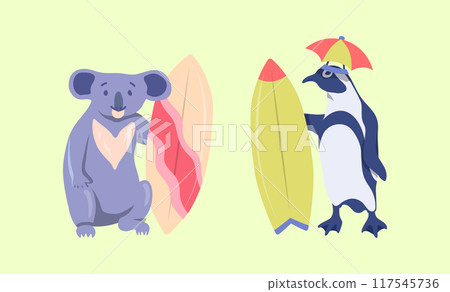 Cartoon Color Characters Animal Penguin and Koala Surfers Set Summer Vacation Activity Surfboarding Concept Flat Design Style. Vector illustration Cartoon Color Characters Animal Penguin and Koala Surfers Set Summer Vacation Activity Surfboarding Concept Flat Design Style. Vector illustration 117545736