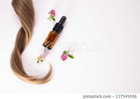 Clover flowers, hair and essential oil. Hair treatment concept. Flat lay. Copy space Clover flowers, hair and essential oil. Hair treatment concept. Flat lay. Copy space 117545936