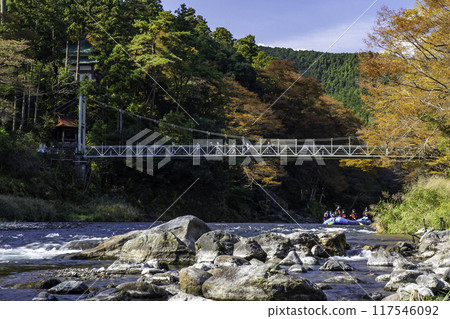 山、河、吊橋,秋葉開始變黃 山、河、吊橋,秋葉開始變黃 117546092