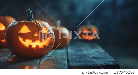 Spooky Halloween Jack-o'-Lanterns with Glowing Faces Spooky Halloween Jack-o'-Lanterns with Glowing Faces 117546256