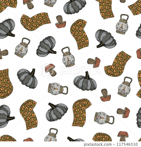 Cozy autumn seamless pattern. fall elements for fabric, wrapping paper, background Cozy autumn seamless pattern. fall elements for fabric, wrapping paper, background 117546310