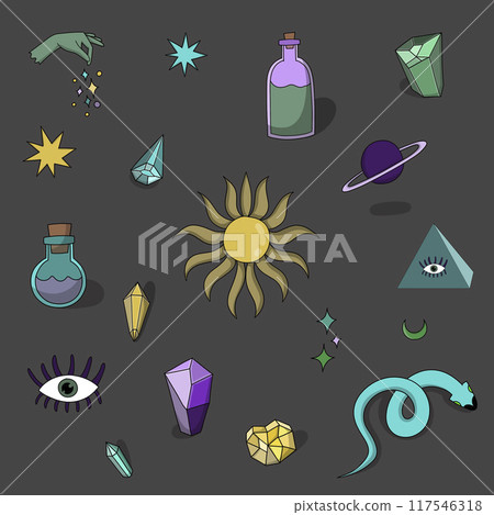 Mystic items. Doodle esoteric mystical elements. Magic and alchemy. occult illustrations 117546318