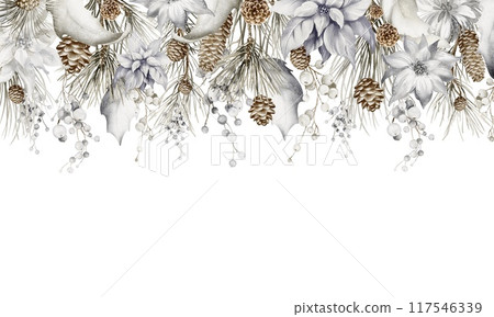 Christmas Watercolor Invitation. Winter Botanical Xmas frame. Border of flowers poinsettia, coniferous s, berries, pinecones on white background. Holiday illustration for wedding design. Christmas Watercolor Invitation. Winter Botanical Xmas frame. Border of flowers poinsettia, coniferous s, berries, pinecones on white background. Holiday illustration for wedding design. 117546339