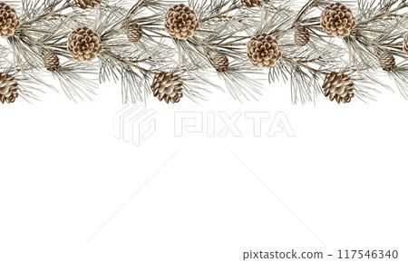 Christmas Watercolor Pine frame. Winter Botanical Xmas frame. Border of Green pine twigs, cones, pinecones on white background. Holiday illustration for Nature design. Christmas Watercolor Pine frame. Winter Botanical Xmas frame. Border of Green pine twigs, cones, pinecones on white background. Holiday illustration for Nature design. 117546340